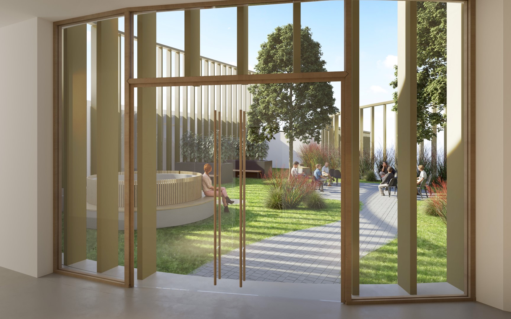 Visualisierung Hof Holzlamellen mit Glastür